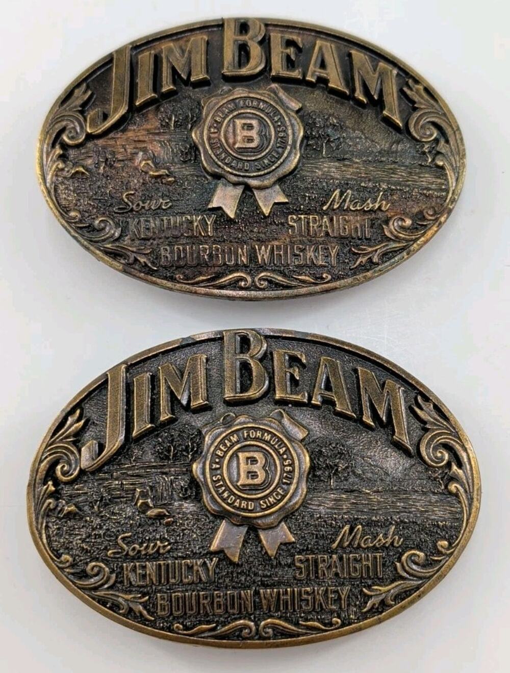2 Vintage 1993 Jim Beam Whiskey Limited Edition Belt Buckle Solid Brass Kentucky